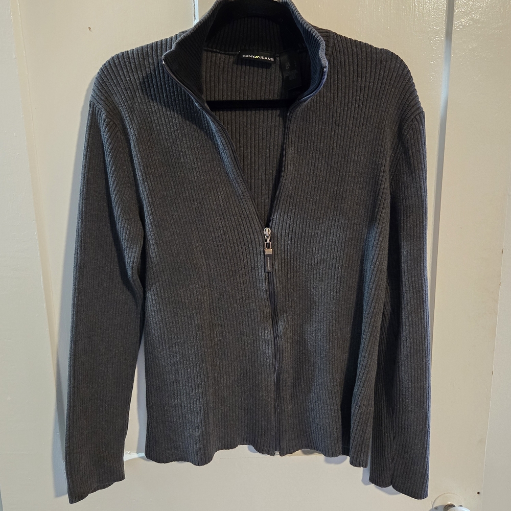 DKNY Gray Ribbed Zip-Up Sweater Cardigan Size Large Retro, 100% Cotton, Y2K Cute